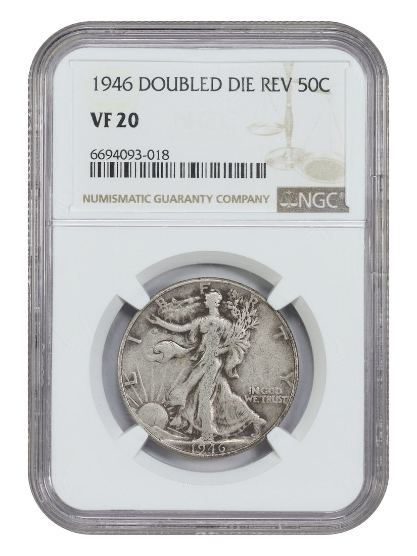 Walking Liberty 1946 Half Dollar NGC VF20 Doubled Die Reverse: Walking Liberty 1946 Half Dollar NGC VF20 Doubled Die Reverse This is a 1946 Walking Liberty Half Dollar featuring a doubled die reverse. Certified and graded VF20 by NGC, the coin is circulated and w