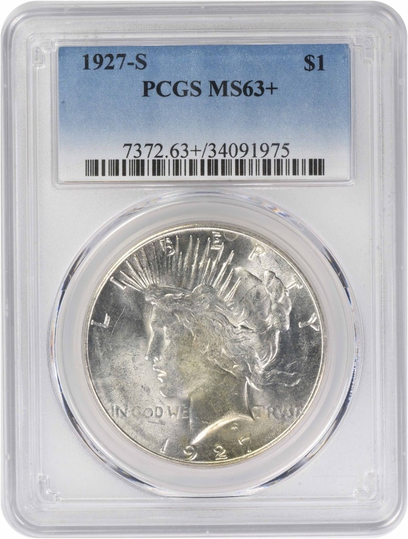 PCGS MS63 Plus 1927-S Peace Dollar Silver Coin United States: PCGS MS63 Plus 1927-S Peace Dollar Silver Coin United States This is a 1927-S Peace Silver Dollar graded MS63+ by PCGS. The coin is uncirculated and composed of silver, minted at the San Francisco Min