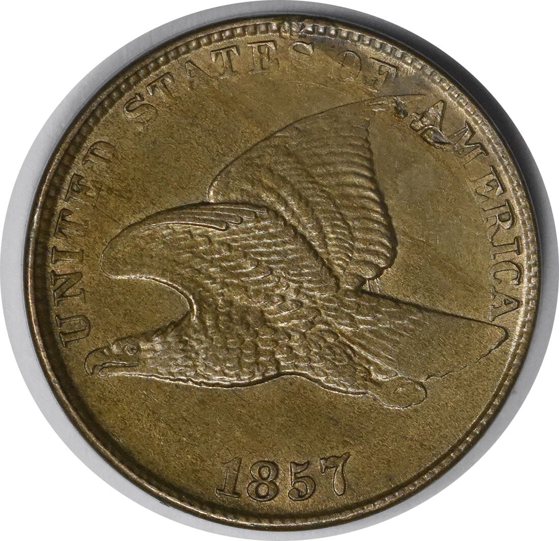 1857 Flying Eagle Cent Choice BU Copper Uncertified KM 85: 1857 Flying Eagle Cent Choice BU Copper Uncertified KM 85 This 1857 Flying Eagle Cent is a remarkable piece for collectors. Struck in copper, this small cent showcases the iconic Flying Eagle design.