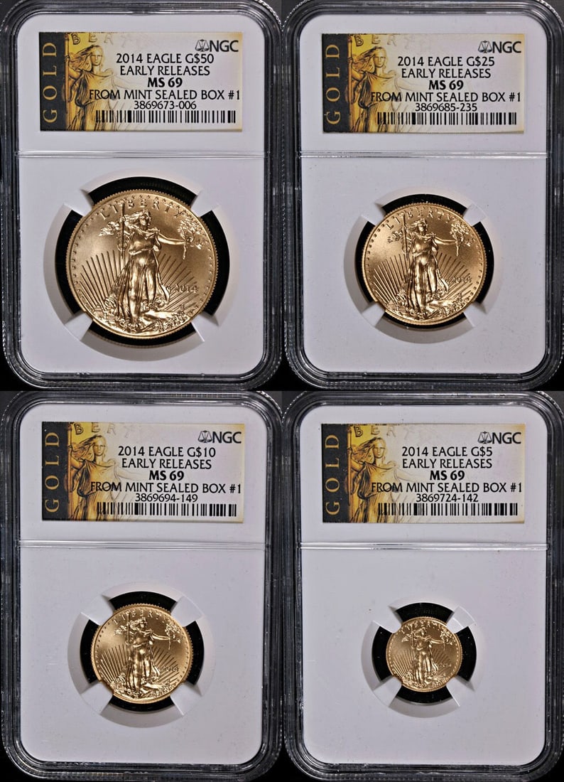 2014 Gold American Eagle 4 Coin Set NGC MS69 Mint Sealed Box #1: 2014 Gold American Eagle 4 Coin Set NGC MS69 Mint Sealed Box #1 This stunning 2014 Gold American Eagle 4 Coin Set is certified by NGC with a grade of MS69, ensuring exceptional quality and eye appeal.