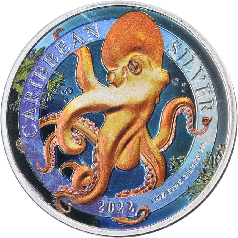 Colorized Octopus 2022 Barbados 1 oz Silver Dollar with COA: Colorized Octopus 2022 Barbados 1 oz Silver Dollar with COA This 2022 Barbados 1 oz Silver $1 coin from the Caribbean Silver Series features a colorized octopus design. The coin is uncirculated and in