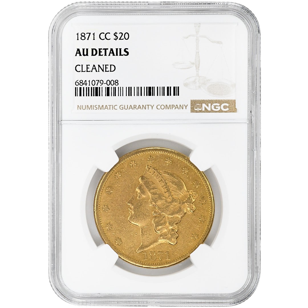 NGC AU Details 1871-CC Carson City $20 Liberty Head Gold Coin: NGC AU Details 1871-CC Carson City $20 Liberty Head Gold Coin This 1871-CC $20 Liberty Head gold coin is certified by NGC with AU Details. Minted in Carson City, it features Type 2 with Motto. The coi