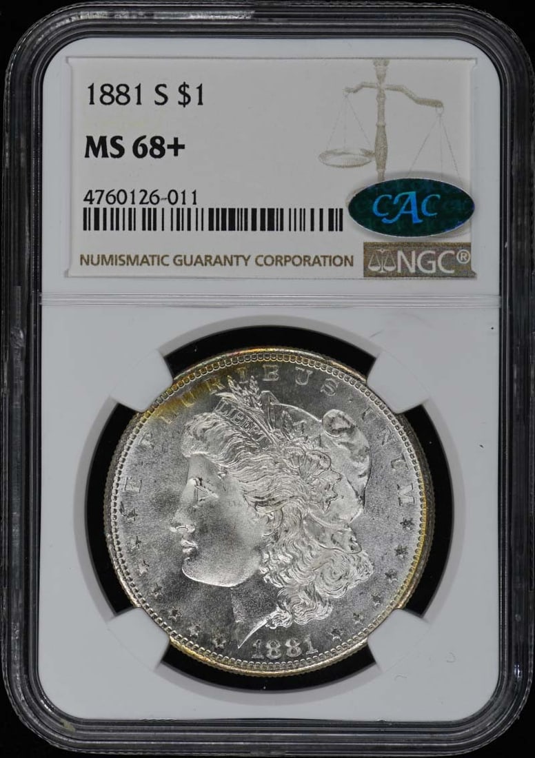 1881-S Morgan Dollar NGC MS68+ CAC Certified Uncirculated: 1881-S Morgan Dollar NGC MS68+ CAC Certified Uncirculated This stunning 1881-S Morgan Dollar features a pristine uncirculated grade of MS68+, certified by NGC with a CAC designation, ensuring its supe