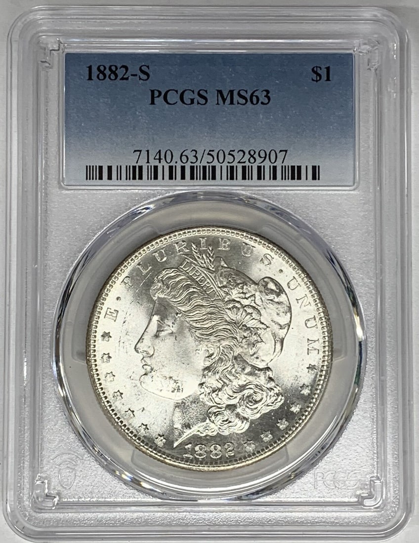 PCGS MS 63 1882-S Morgan Silver Dollar Uncirculated US Coin: PCGS MS 63 1882-S Morgan Silver Dollar Uncirculated US Coin This 1882-S Morgan Silver Dollar is certified by PCGS with a grade of MS 63. The coin is uncirculated and composed of silver, featuring the