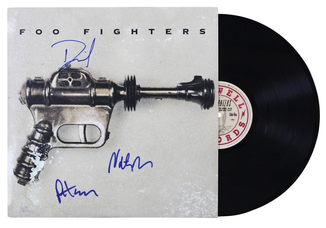 Foo Fighters Signed Album Cover Vinyl with Grohl Smear Mendel BAS COA: Foo Fighters Signed Album Cover Vinyl with Grohl Smear Mendel BAS COA This autographed Foo Fighters album cover, complete with vinyl, features the signatures of band members Dave Grohl, Pat Smear, and