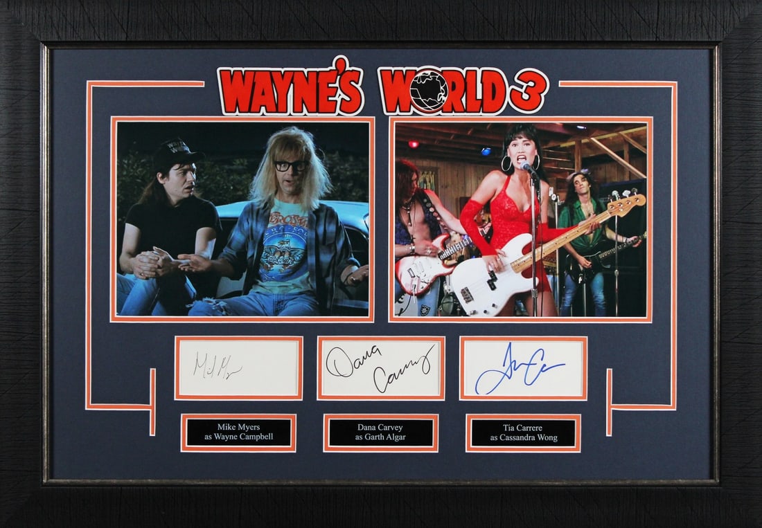 Wayne's World Signed Framed Display by Mike Myers Dana Carvey Tia Carrere BAS COA: Wayne's World Signed Framed Display by Mike Myers Dana Carvey Tia Carrere BAS COA This stunning autographed framed display features the signatures of Mike Myers, Dana Carvey, and Tia Carrere from the