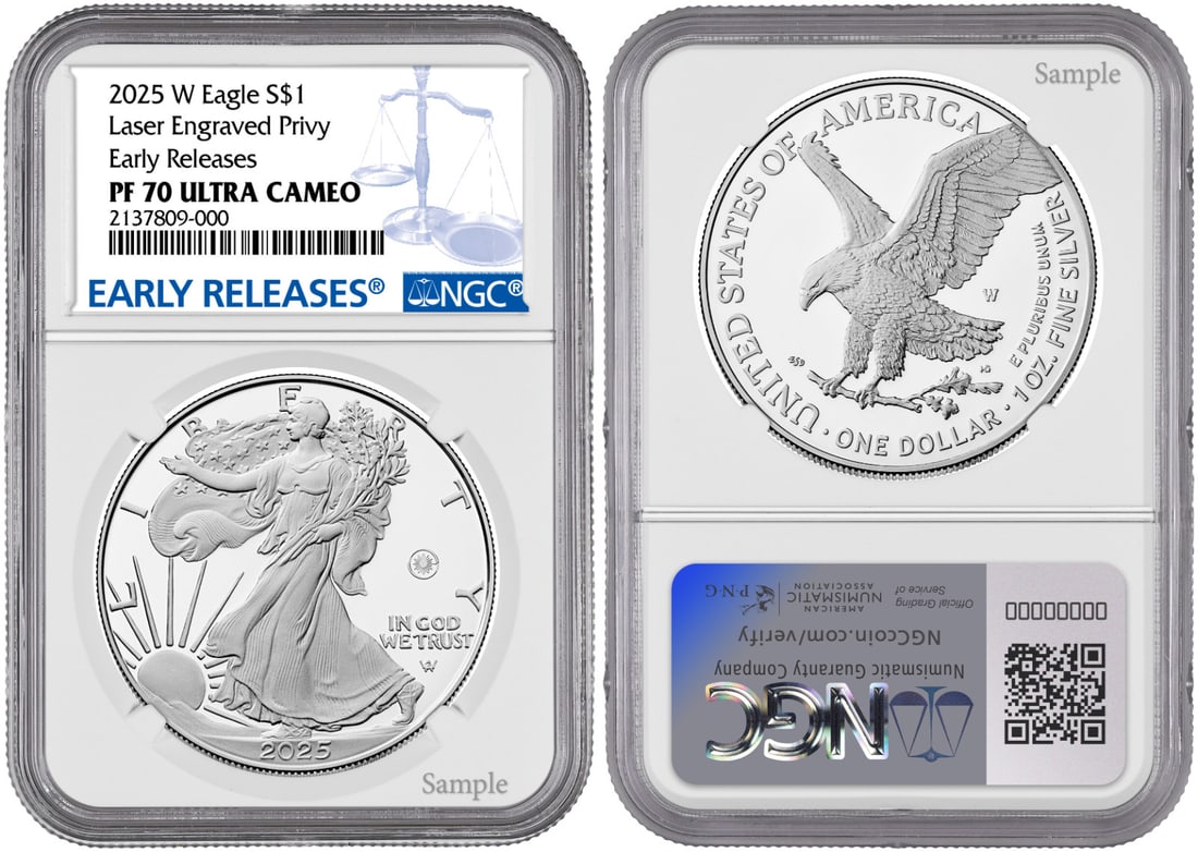 2025-W Proof American Silver Eagle NGC PR70 Laser Privy Mark: 2025-W Proof American Silver Eagle NGC PR70 Laser Privy Mark This 2025-W (PF70) Laser Beam Privy Proof American Silver Eagle coin is a remarkable addition for collectors. Struck by the U.S. Mint, this