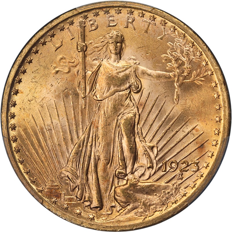 1923 Saint-Gaudens $20 Gold Piece PCGS Graded MS64 Philadelphia Mint: 1923 Saint-Gaudens $20 Gold Piece PCGS Graded MS64 Philadelphia Mint This 1923-P Saint-Gaudens Gold $20 coin is certified by PCGS with a grade of MS64. The coin is uncirculated, exhibiting original su