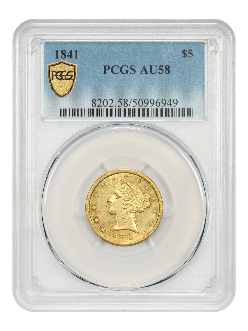 1841 Philadelphia Liberty Head Gold $5 Coin PCGS AU58: 1841 Philadelphia Liberty Head Gold $5 Coin PCGS AU58 This 1841 Liberty Head $5 gold coin was struck at the Philadelphia Mint and is a rare low mintage issue, with only 15,833 pieces produced. Graded