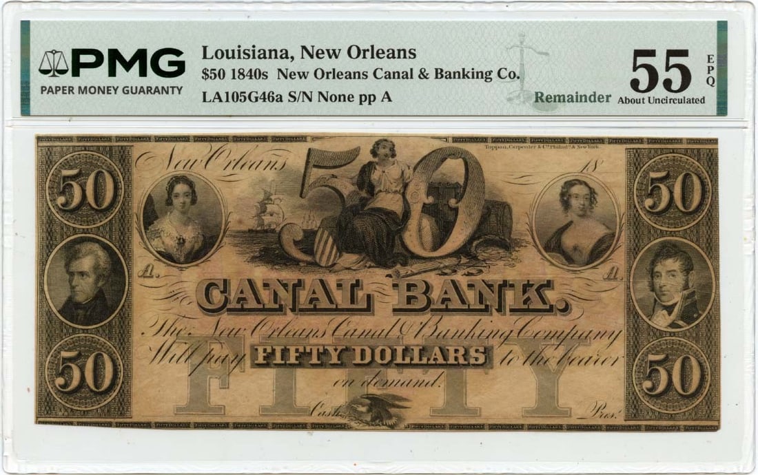 Canal Bank $50 Obsolete Currency Note New Orleans PMG AU55 EPQ 1840s: Canal Bank $50 Obsolete Currency Note New Orleans PMG AU55 EPQ 1840s This is an 1840s $50 obsolete note issued by the Canal Bank in New Orleans, Louisiana. The note is certified by PMG with a grade of