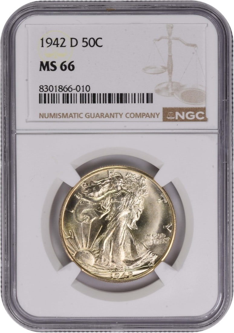 NGC MS66 1942 Denver Liberty Walking Silver Half Dollar Coin: NGC MS66 1942 Denver Liberty Walking Silver Half Dollar Coin This is a 1942-D Walking Liberty Half Dollar graded MS66 by NGC. Struck in silver, this uncirculated coin originates from the Denver Mint a