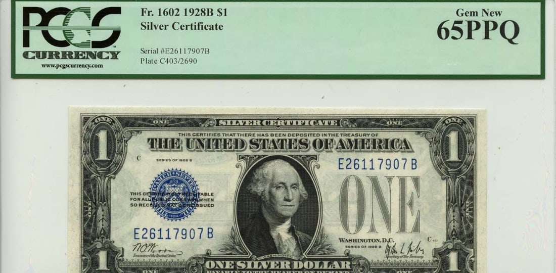 PCGS MS65 1928B $1 Blue Seal Silver Certificate Note Uncirculated: PCGS MS65 1928B $1 Blue Seal Silver Certificate Note Uncirculated This 1928B $1 Silver Certificate features a blue seal and has been graded Gem 65 PPQ by PCGS Currency. Issued in the United States, th