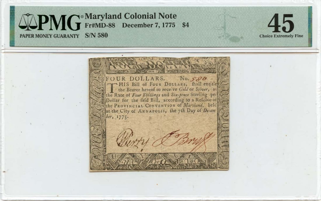 1775 $4 Maryland Colonial Note MD-88 PMG XF45 Certified: 1775 $4 Maryland Colonial Note MD-88 PMG XF45 Certified This is a 1775 December 7 $4 Maryland Colonial Note, designated as MD-88. Certified by PMG with a certification number of 2203442010, this note