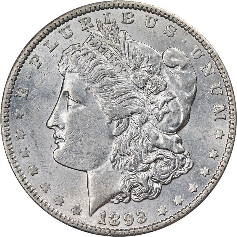 Choice AU or BU 1893 Philadelphia Morgan Silver Dollar Key Date Coin: Choice AU or BU 1893 Philadelphia Morgan Silver Dollar Key Date Coin This original 1893-P Morgan Silver Dollar showcases exceptional eye appeal with its brilliant luster and well-defined strike. The c