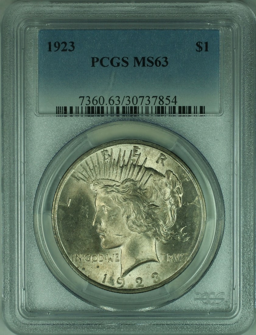 1923 Peace Dollar Silver $1 PCGS Certified MS63 Uncirculated Coin: 1923 Peace Dollar Silver $1 PCGS Certified MS63 Uncirculated Coin This is a 1923 Peace Silver Dollar from the United States, certified by PCGS and graded MS 63. The coin was minted in Philadelphia and