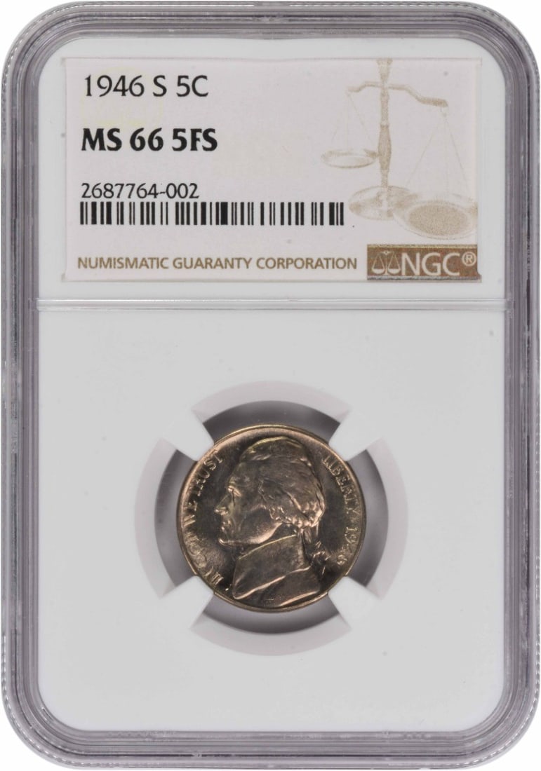 NGC MS66 Five Full Steps 1946-S Jefferson Nickel: NGC MS66 Five Full Steps 1946-S Jefferson Nickel This is a 1946-S Jefferson Nickel graded MS66 5FS by NGC. The coin is uncirculated and features the design by Felix Schlag. Struck at the San