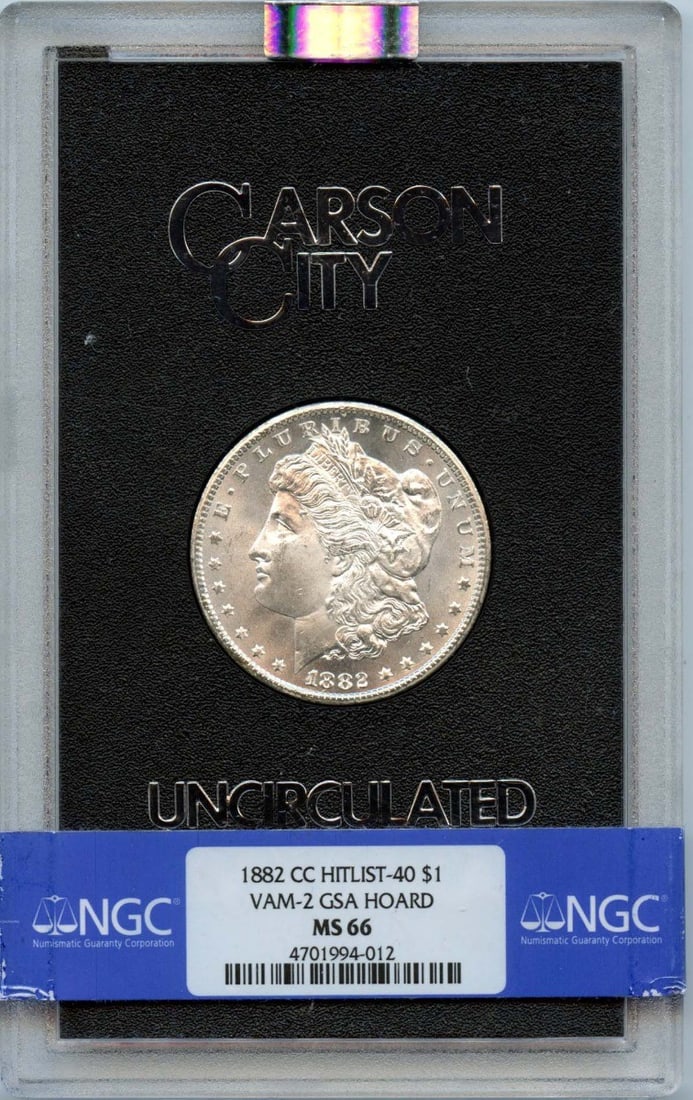 NGC MS66 Carson City 1882 Morgan Silver Dollar VAM-2 GSA Hoard Certified: NGC MS66 Carson City 1882 Morgan Silver Dollar VAM-2 GSA Hoard Certified This 1882-CC Morgan Dollar is part of the GSA Hoard and features the VAM-2 variety. Certified by NGC with a grade of MS66, this
