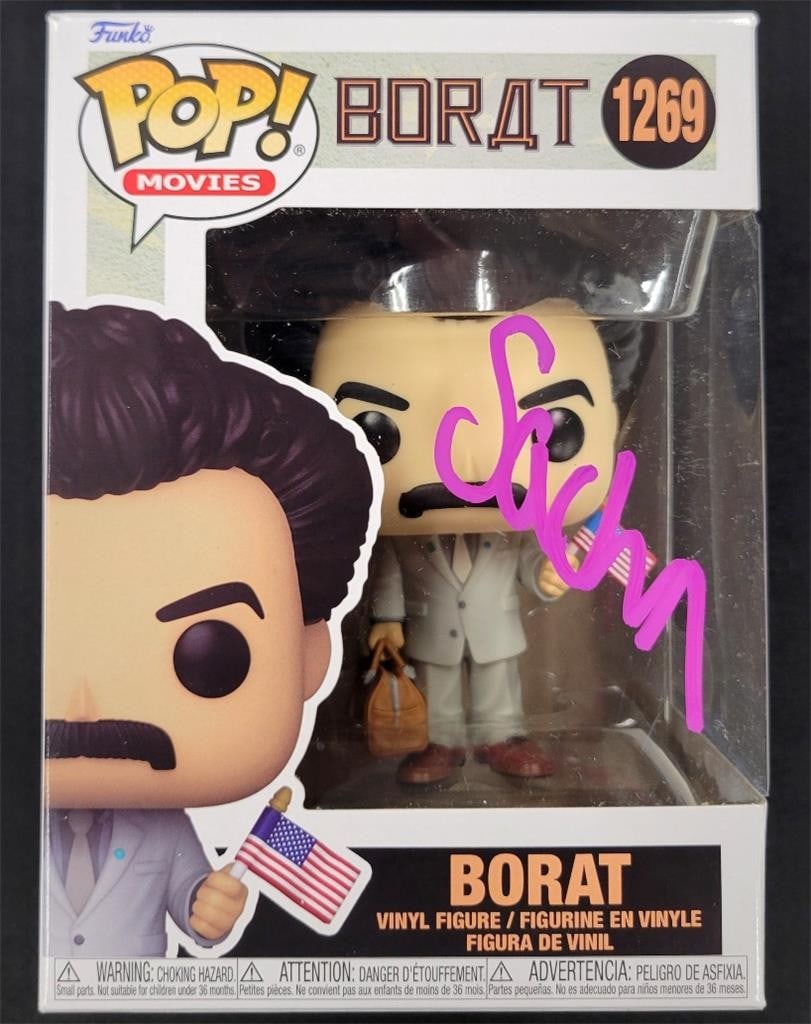 Borat Funko Pop 1269 autographed by Sacha Baron Cohen Beckett authenticated: Borat Funko Pop 1269 autographed by Sacha Baron Cohen Beckett authenticated This is a pre-owned Borat Funko Pop! figure (#1269) autographed by Sacha Baron Cohen. The signature is authenticated by Beck