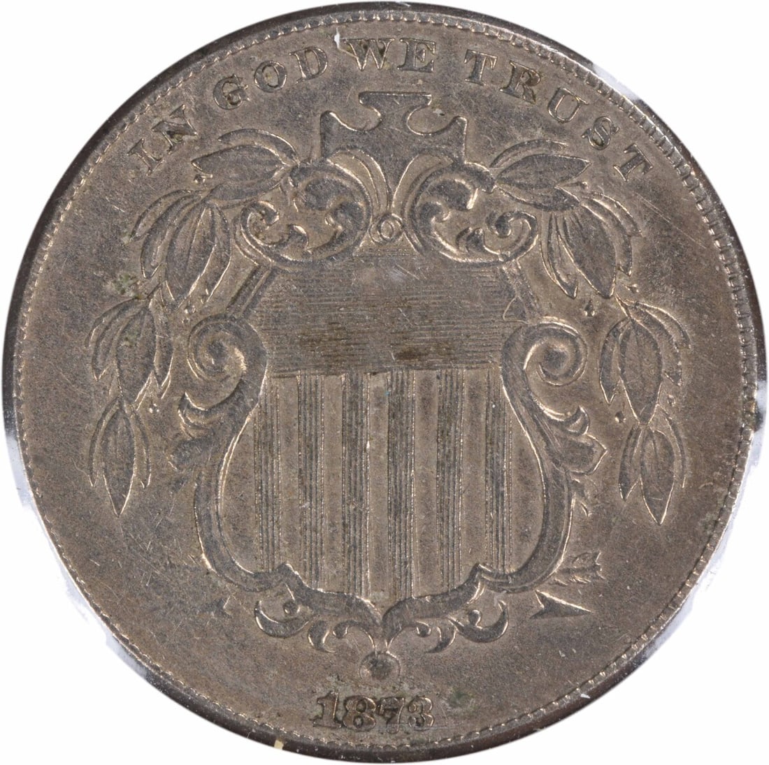 1873 Shield Nickel 5C James Barton Longacre Design Uncertified: 1873 Shield Nickel 5C James Barton Longacre Design Uncertified This 1873 Shield Nickel, a notable piece of numismatic history, features a design by James Barton Longacre. Struck in Philadelphia, this