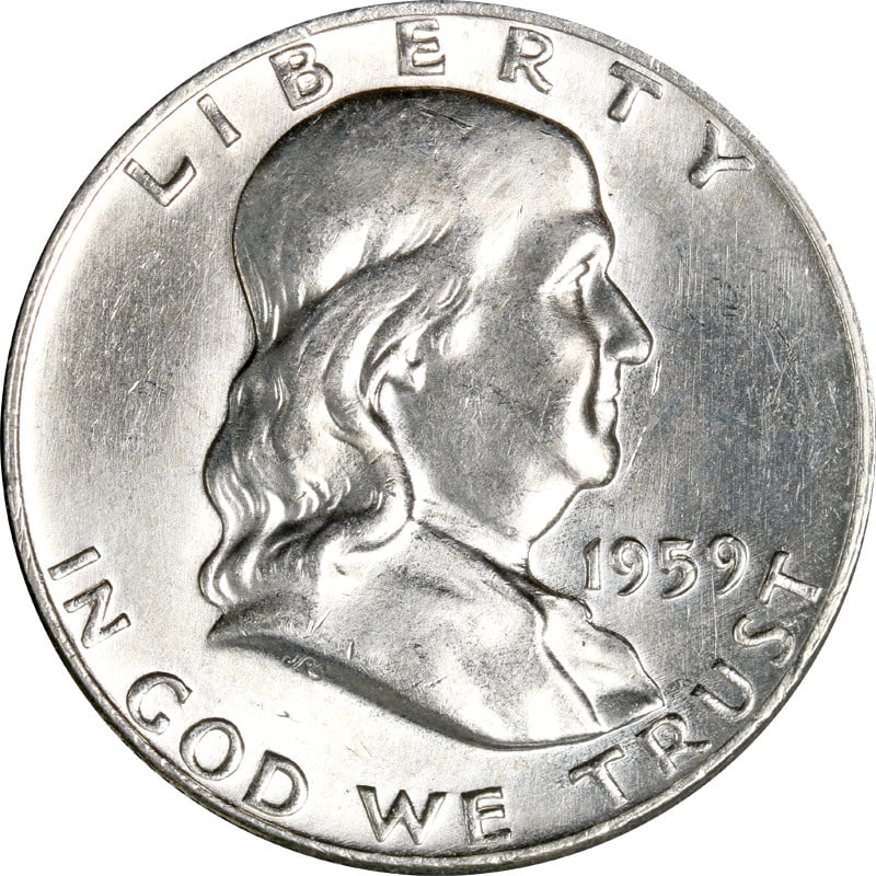 1959 Denver Mint Silver Franklin Half Dollar Coin: 1959 Denver Mint Silver Franklin Half Dollar Coin This is a 1959-D Franklin Half Dollar composed of silver with a fineness of 0.9. Minted in Denver, this coin is circulated and comes uncertified. It i
