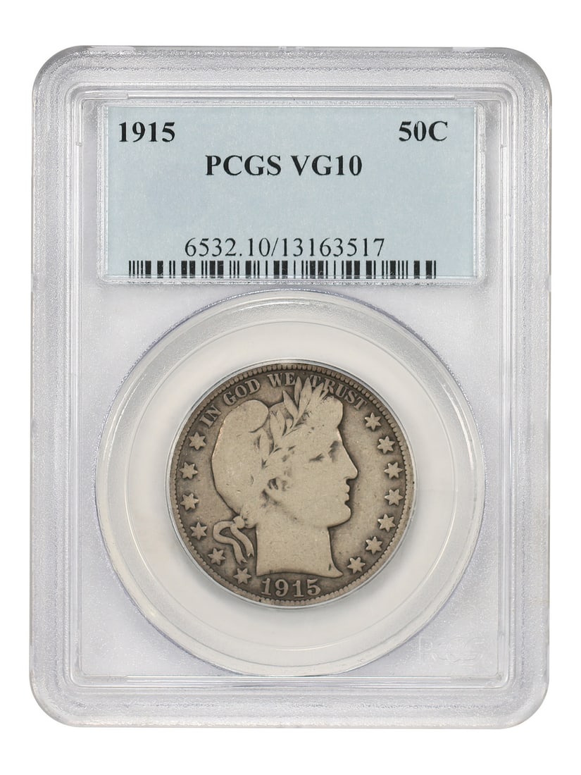 1915 Barber Half Dollar PCGS VG10 Low Mintage Philadelphia Issue: 1915 Barber Half Dollar PCGS VG10 Low Mintage Philadelphia Issue This 1915 Barber Half Dollar is graded VG10 by PCGS and features a low mintage from the Philadelphia Mint. As the second lowest mintage