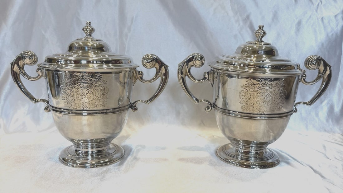 1730 Dublin Sterling Silver Trophies by Alexander Brown and John Hamilton: 1730 Dublin Sterling Silver Trophies by Alexander Brown and John Hamilton This exquisite pair of sterling silver trophies, crafted in 1730 Dublin by Alexander Brown and John Hamilton, showcases remark