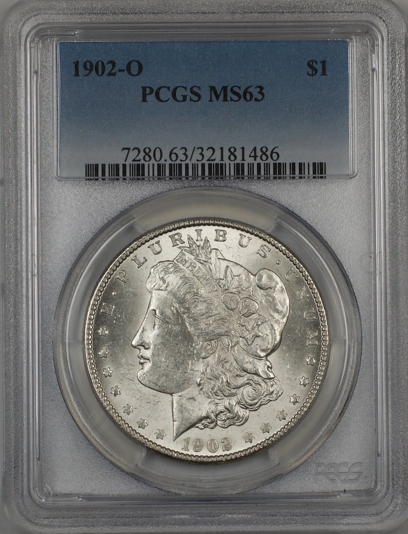 PCGS MS 63 1902-O Morgan Silver Dollar from New Orleans Mint: PCGS MS 63 1902-O Morgan Silver Dollar from New Orleans Mint This 1902-O Morgan Silver Dollar is graded MS-63 by PCGS, indicating it is in uncirculated condition. Minted in New Orleans, this collectib
