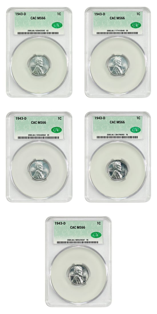 Five 1943-D Lincoln Wheat Cents CACG MS66 Steel Coins Uncirculated: Five 1943-D Lincoln Wheat Cents CACG MS66 Steel Coins Uncirculated This lot includes five uncirculated 1943-D Lincoln Cents featuring the Wheat Reverse design, each certified by CACG with a grade of M