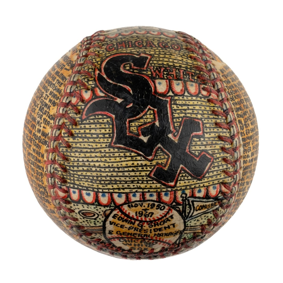 George Sosnak Signed Folk Art Baseball Chicago White Sox Tribute 1967: George Sosnak Signed Folk Art Baseball Chicago White Sox Tribute 1967 This exquisite hand-painted baseball celebrates the legacy of former Chicago White Sox executive Edwin G. Short, crafted by the re
