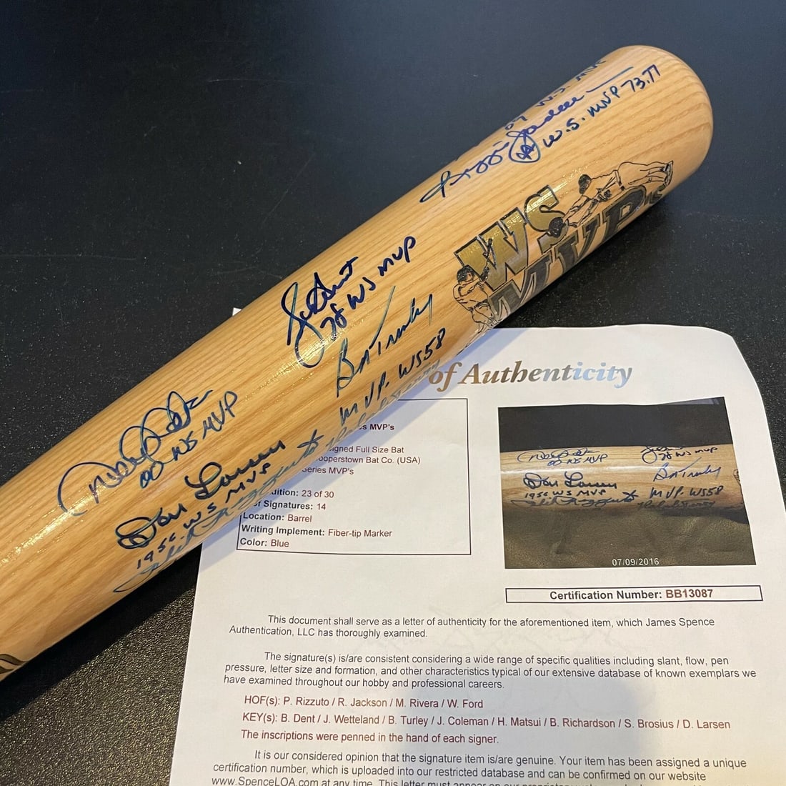 Limited Edition Yankees MVP Signed Bat 23/30 Derek Jeter JSA: Limited Edition Yankees MVP Signed Bat 23/30 Derek Jeter JSA This is a remarkable 34-inch Cooperstown Bat Co. baseball bat, featuring the signatures of legendary New York Yankees World Series MVPs. Ea