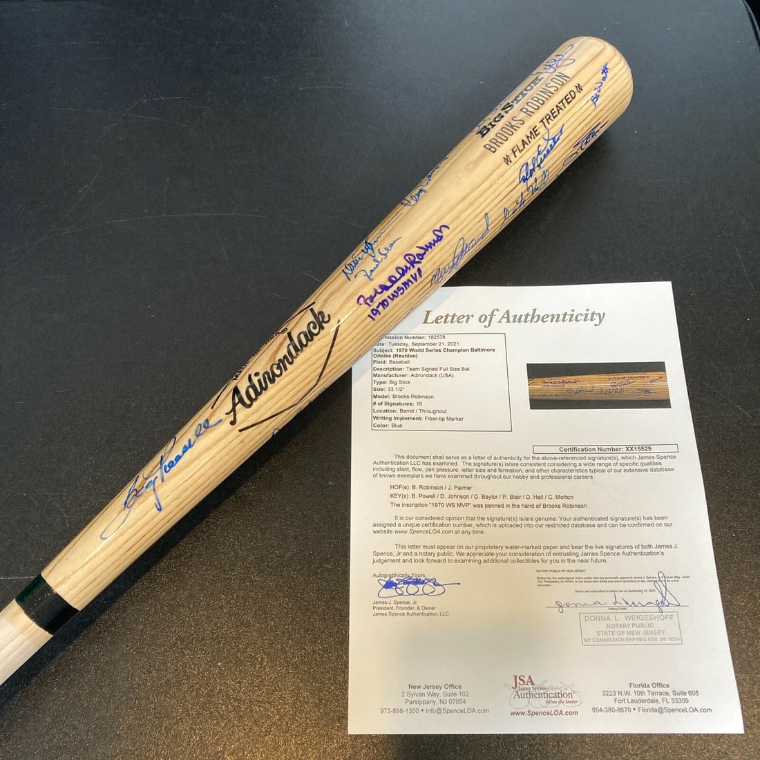 1970 Baltimore Orioles Team Signed Bat with JSA COA 34": 1970 Baltimore Orioles Team Signed Bat with JSA COA 34" Celebrate the legacy of the 1970 Baltimore Orioles with this stunning team-signed baseball bat. This 34" Adirondack 456A Brooks Robinson replica