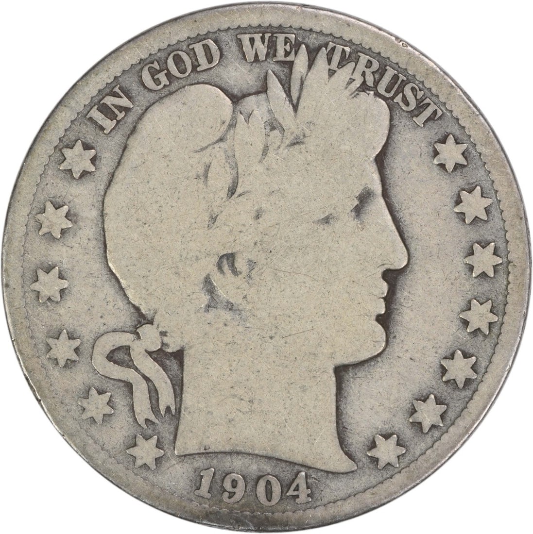 1904 San Francisco Barber Half Dollar 90 Percent Silver Uncertified Coin: 1904 San Francisco Barber Half Dollar 90 Percent Silver Uncertified Coin This is a 1904-S Barber Half Dollar coin from the United States, designed by Charles E. Barber. The coin is circulated and feat
