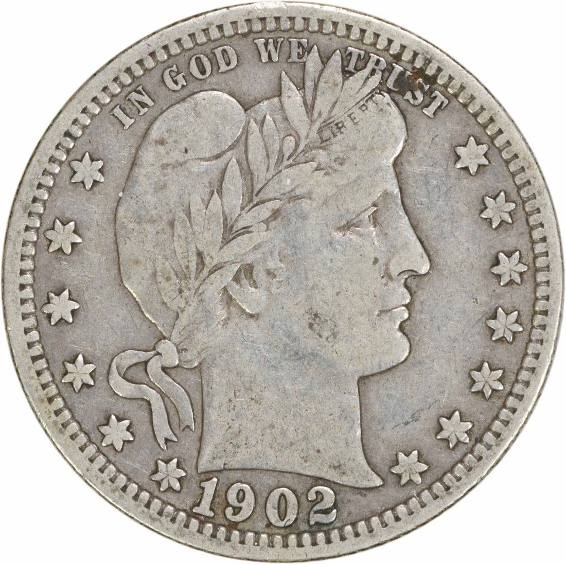 1902-O Barber Quarter 90% Silver VF Uncertified Coin: 1902-O Barber Quarter 90% Silver VF Uncertified Coin This 1902-O Barber Silver Quarter is a classic piece of American numismatics, featuring the intricate design by Charles E. Barber. Struck in New Or