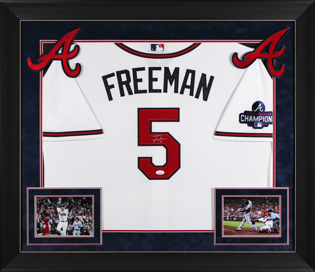 Freddie Freeman Signed White Nike Jersey Framed with 2021 WS Patch JSA: Freddie Freeman Signed White Nike Jersey Framed with 2021 WS Patch JSA Celebrate the legacy of Freddie Freeman with this autographed Atlanta Braves jersey. This original white Nike framed jersey featu