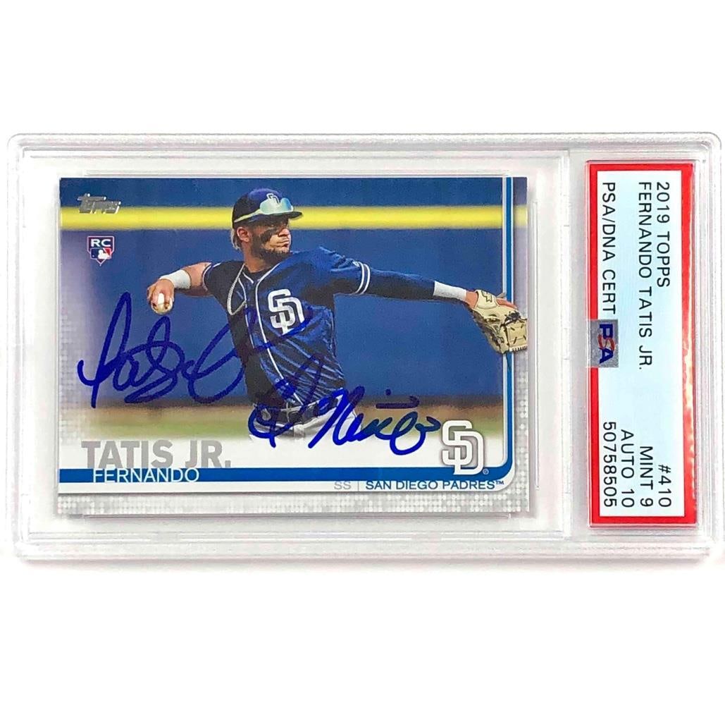 Fernando Tatis Jr. 2019 Topps #410 Rookie Card PSA 9 Auto 10: Fernando Tatis Jr. 2019 Topps #410 Rookie Card PSA 9 Auto 10 Celebrate the career of Fernando Tatis Jr. with this signed 2019 Topps #410 rookie card. This impressive collectible features an authentic