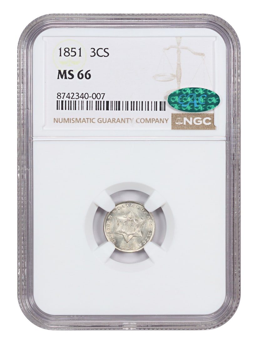 NGC CAC MS66 1851 Three Cent Silver Coin First Year Type Philadelphia: NGC CAC MS66 1851 Three Cent Silver Coin First Year Type Philadelphia This 1851 Three Cent Silver coin is graded MS66 by NGC and CAC, indicating its superb gem quality. The coin is uncirculated, featu
