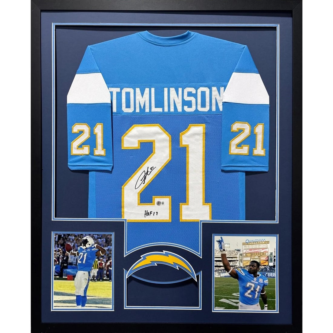 Framed LaDainian Tomlinson Chargers Jersey Signed With Beckett Authentication: Framed LaDainian Tomlinson Chargers Jersey Signed With Beckett Authentication This framed LaDainian Tomlinson powder jersey features an authentic autograph and is certified by Beckett with a tamper-pr
