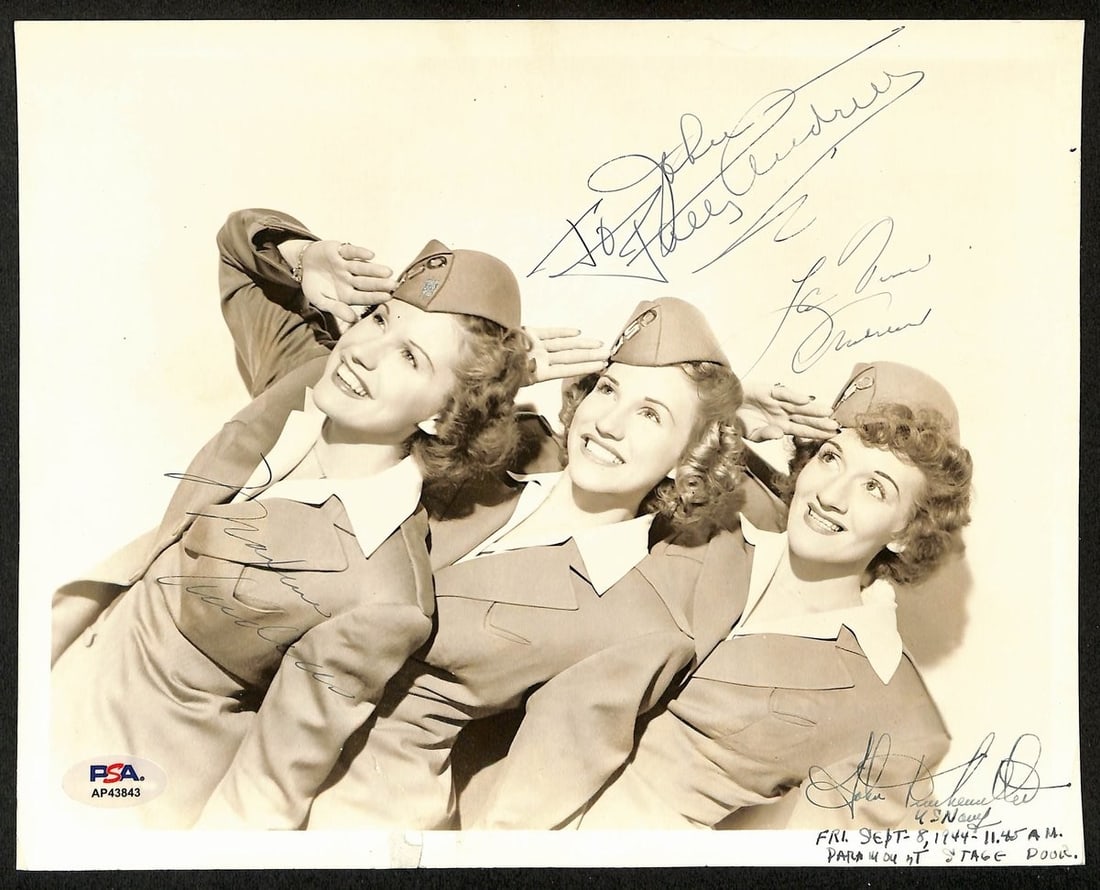 The Andrews Sisters Signed 1944 B/W Photo PSA/DNA Authenticated: The Andrews Sisters Signed 1944 B/W Photo PSA/DNA Authenticated This offering features an original 8x10 black and white photo of The Andrews Sisters, signed and inscribed in 1944. The autograph has be