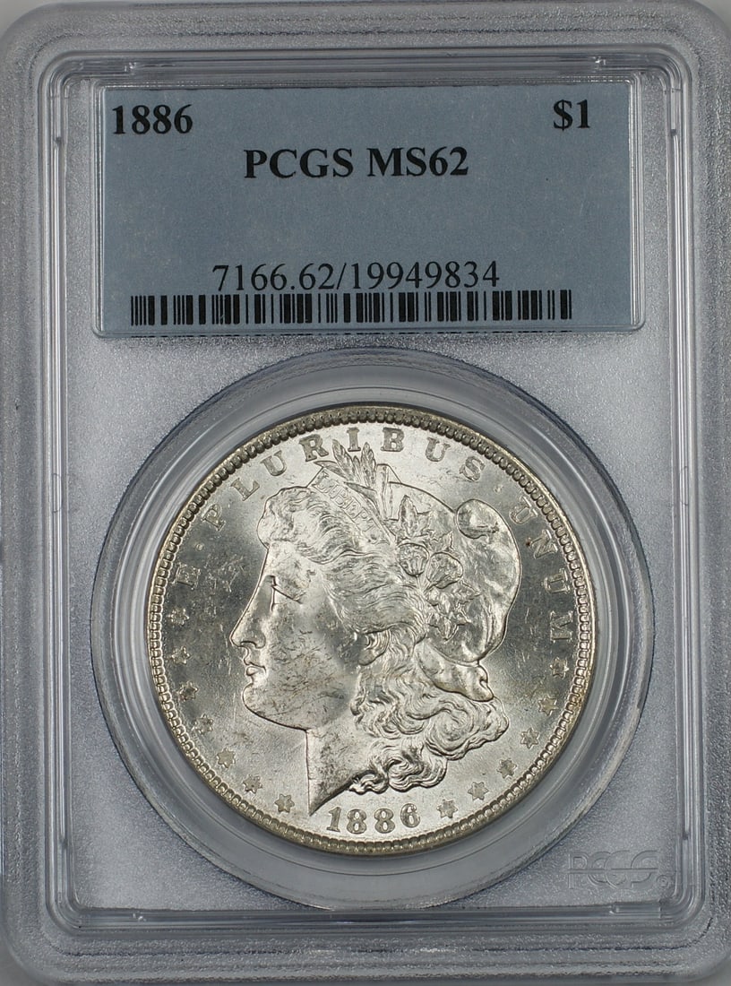 PCGS MS-62 1886 Philadelphia Morgan Silver Dollar Uncirculated Coin: PCGS MS-62 1886 Philadelphia Morgan Silver Dollar Uncirculated Coin This is an 1886 Morgan Silver Dollar $1 coin, certified by PCGS with a grade of MS-62. The coin was minted in Philadelphia and is co
