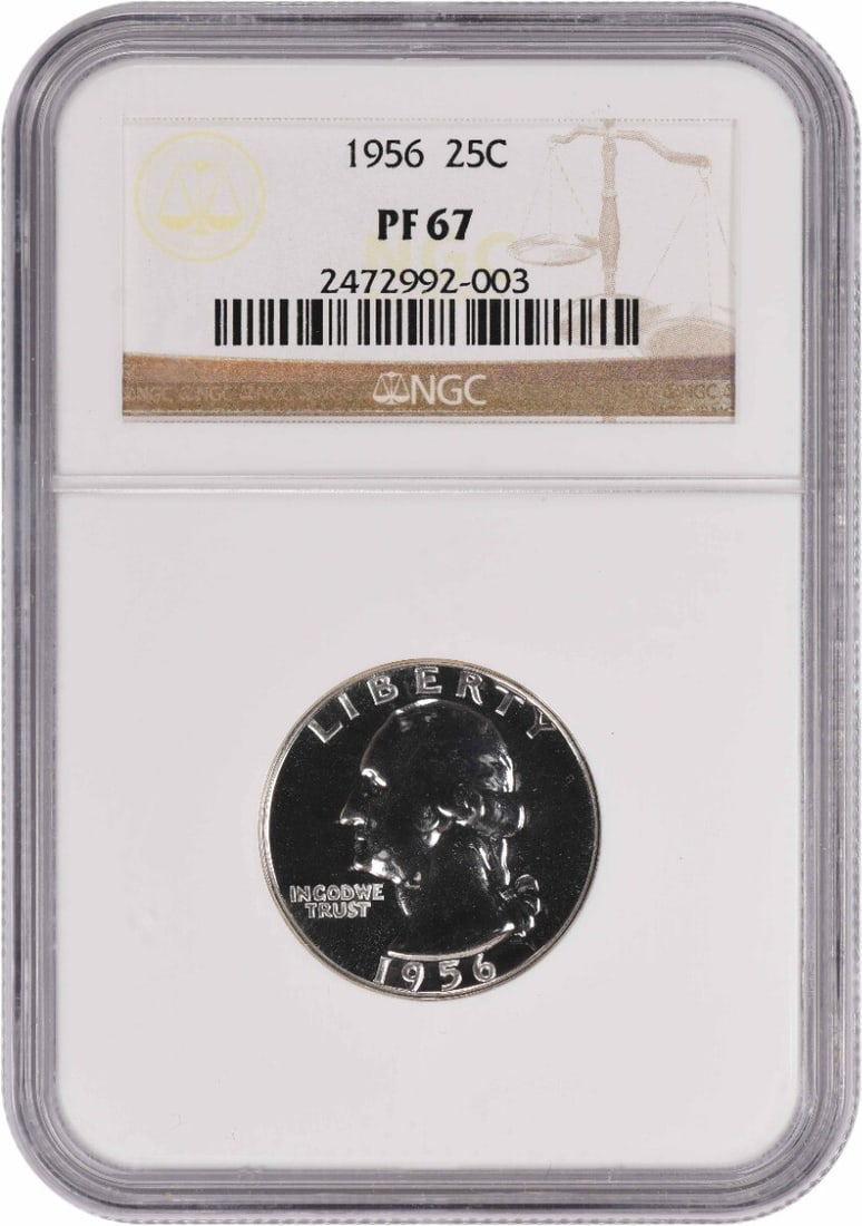 1956 Proof Washington Quarter 25C PR67 NGC Certified Silver Coin: 1956 Proof Washington Quarter 25C PR67 NGC Certified Silver Coin This 1956 Washington Quarter is a proof coin graded PR67 by NGC. Composed of 90% silver and 10% copper, it was minted in Philadelphia a