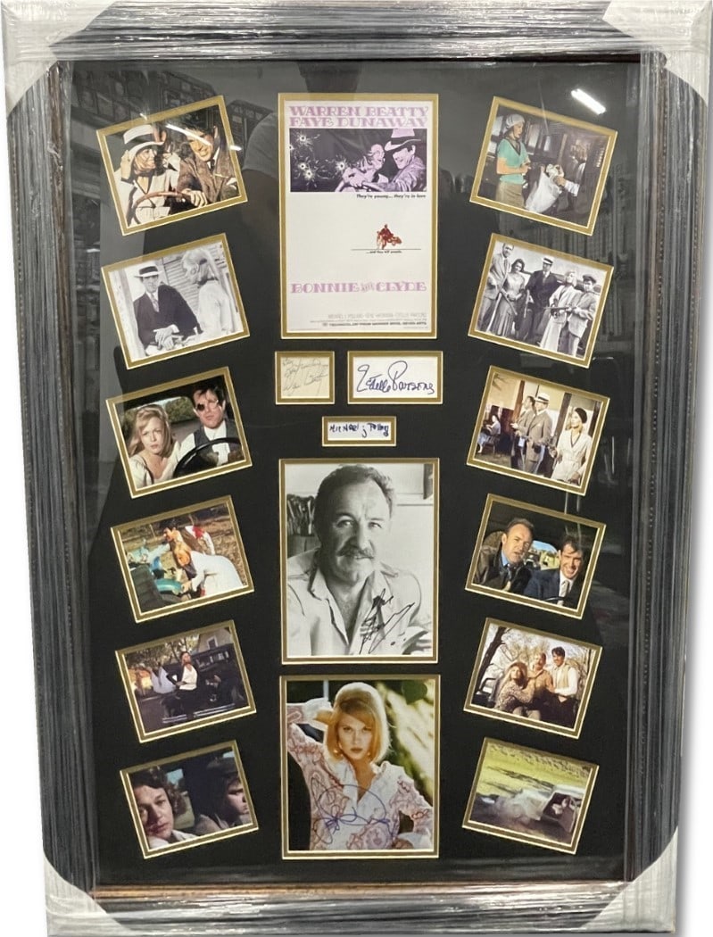 Bonnie & Clyde Cast Signed Custom Framed Photo JSA Authenticated: Bonnie & Clyde Cast Signed Custom Framed Photo JSA Authenticated This original cast photograph from the iconic film "Bonnie & Clyde" features the signatures of legendary actors Warren Beatty, Faye Dun