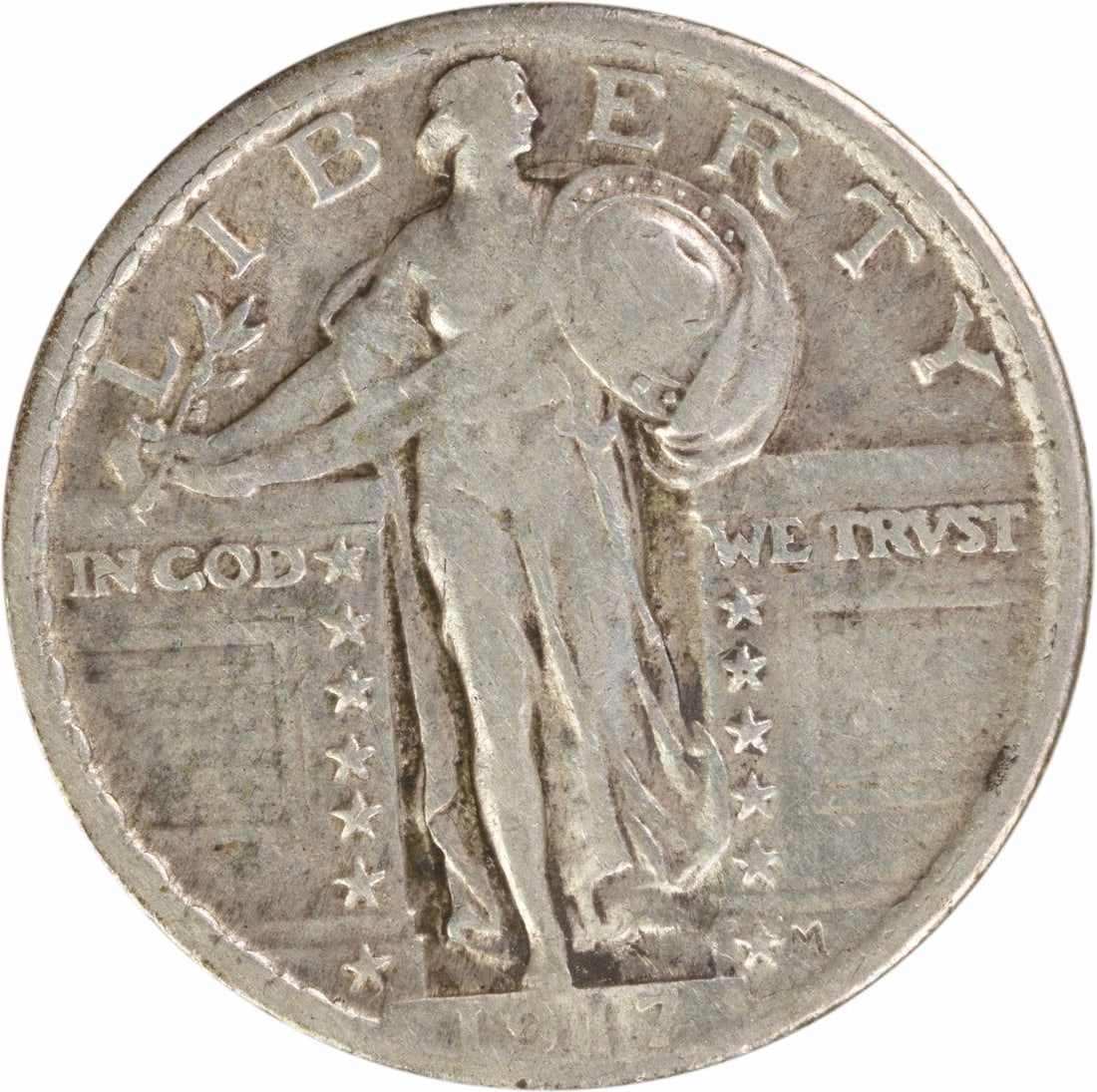 1917 Type 2 Standing Liberty Quarter 90 Percent Silver VF Grade Uncertified: 1917 Type 2 Standing Liberty Quarter 90 Percent Silver VF Grade Uncertified This is a 1917 Standing Liberty Silver Quarter Type 2 from the Philadelphia Mint. Designed by Hermon A. Mac Neil, this circu