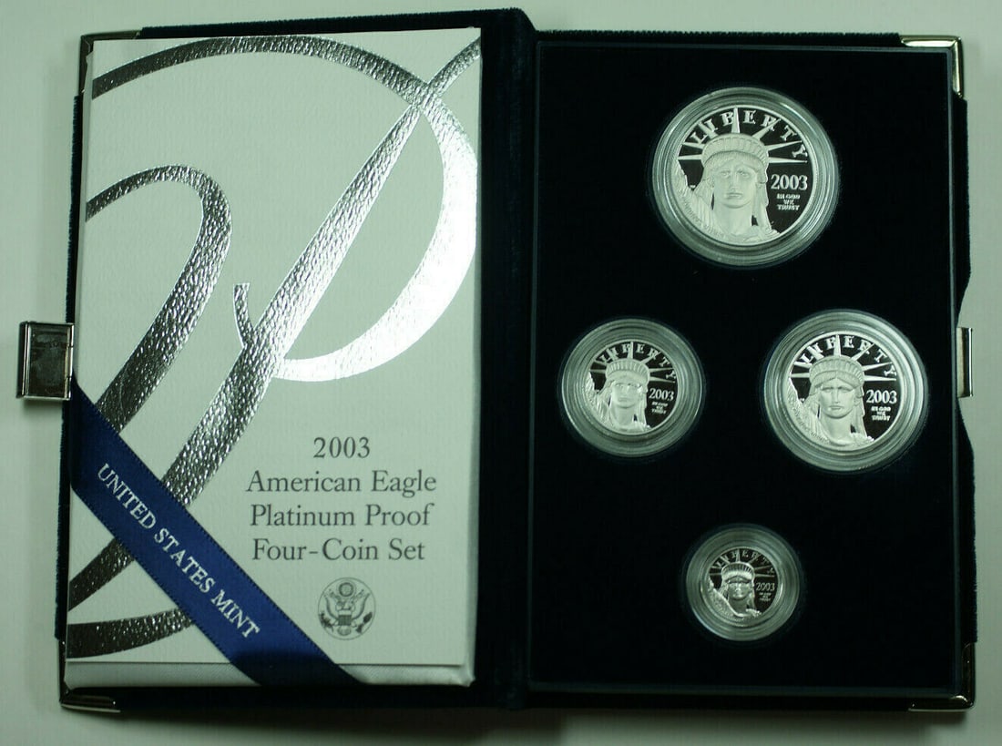 Four Piece Platinum American Eagle 2003 Proof Set With Box and COA: Four Piece Platinum American Eagle 2003 Proof Set With Box and COA This is a 2003 American Eagle Platinum Proof 4 Coin Set presented in its original United States Mint box and accompanied by a Certifi