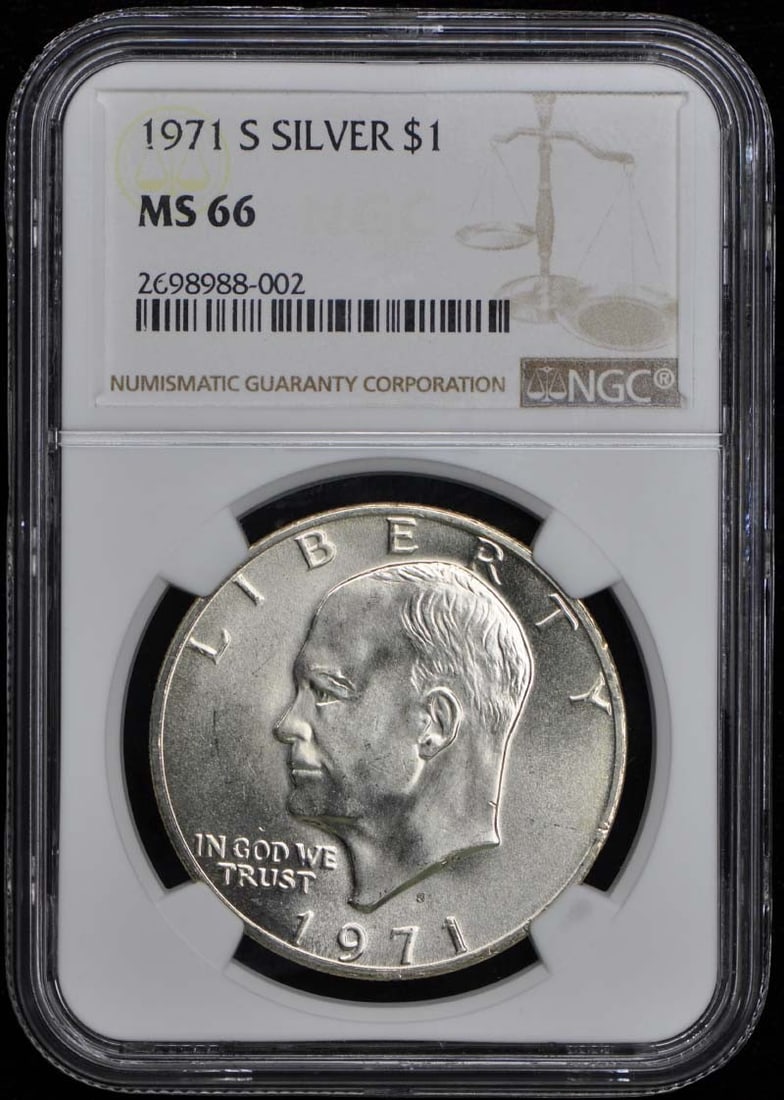 1971-S Silver Eisenhower Dollar NGC MS66 Uncirculated Coin: 1971-S Silver Eisenhower Dollar NGC MS66 Uncirculated Coin This 1971-S Silver Eisenhower Dollar is certified by NGC with a grade of MS66, indicating its uncirculated condition and superior quality. St