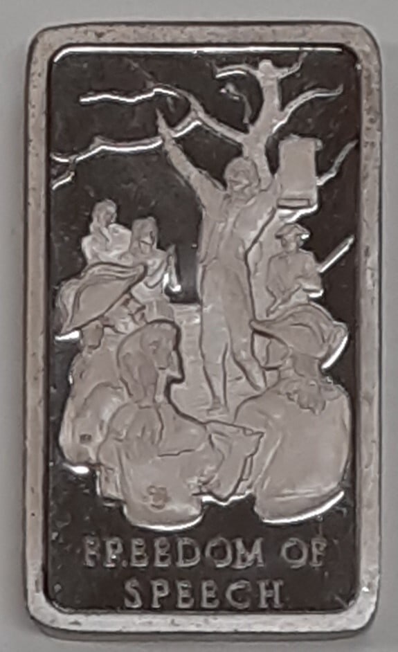 1973 Freedom of Speech Silver Ingot by Wittnauer 1000 Grains .999 Fine: 1973 Freedom of Speech Silver Ingot by Wittnauer 1000 Grains .999 Fine This 1973 Wittnauer silver bar features a Freedom of Speech design. Made from .999 fine silver, the ingot weighs 1000 grains. The