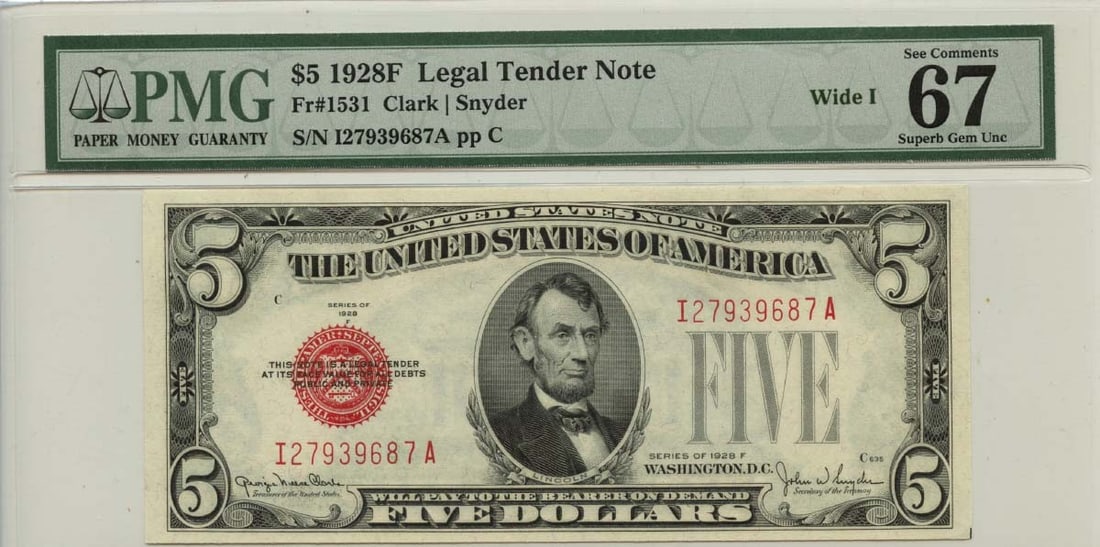 1928F $5 Legal Tender Red Seal Wide I Fr# 1531 PMG MS67 Uncirculated: 1928F $5 Legal Tender Red Seal Wide I Fr# 1531 PMG MS67 Uncirculated This 1928F $5 Legal Tender Red Seal note, designated as a Wide I Fr# 1531, is a remarkable collectible for currency enthusiasts. Gr