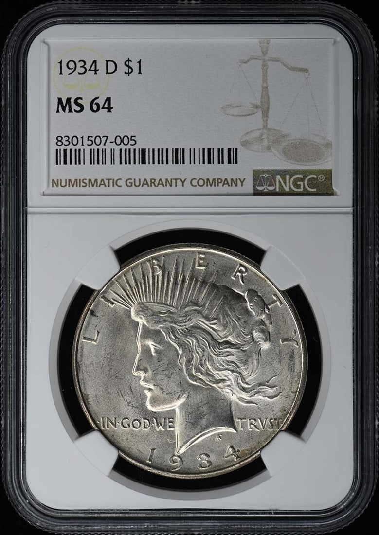 1934-D Peace Dollar NGC MS64 Uncirculated Denver Mint: 1934-D Peace Dollar NGC MS64 Uncirculated Denver Mint This 1934-D Peace Dollar, graded MS64 by NGC, showcases the iconic design that represents peace and harmony. It was minted in Denver and remains i