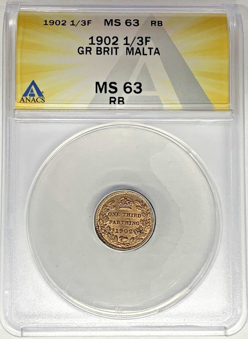 United Kingdom 1902 1/3 Farthing ANACS MS 63 RB Certified Coin: United Kingdom 1902 1/3 Farthing ANACS MS 63 RB Certified Coin This 1902 Great Britain 1/3 Farthing coin is graded MS 63 RB by ANACS, indicating a high-quality, uncirculated example with red and brown