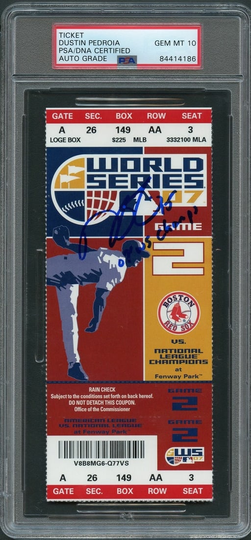 Dustin Pedroia Signed 2007 World Series Ticket PSA 10 Auto Inscribed '07 WS Champs: Dustin Pedroia Signed 2007 World Series Ticket PSA 10 Auto Inscribed '07 WS Champs This listing features a 2007 World Series Game 2 ticket signed by Dustin Pedroia, the renowned Boston Red Sox player.
