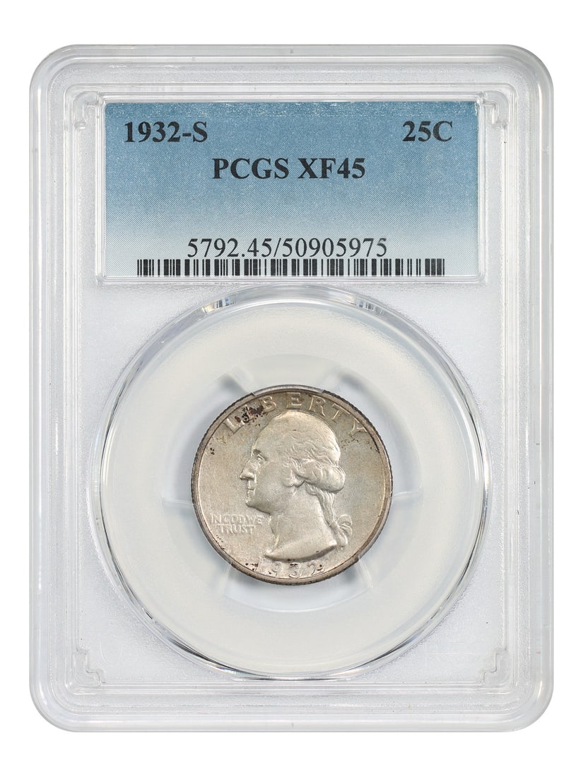 PCGS XF45 1932 San Francisco Washington Quarter Key Date 25C Coin: PCGS XF45 1932 San Francisco Washington Quarter Key Date 25C Coin This 1932-S Washington Quarter is a key date coin from the San Francisco Mint, graded XF45 by PCGS. As one of the most sought-after co